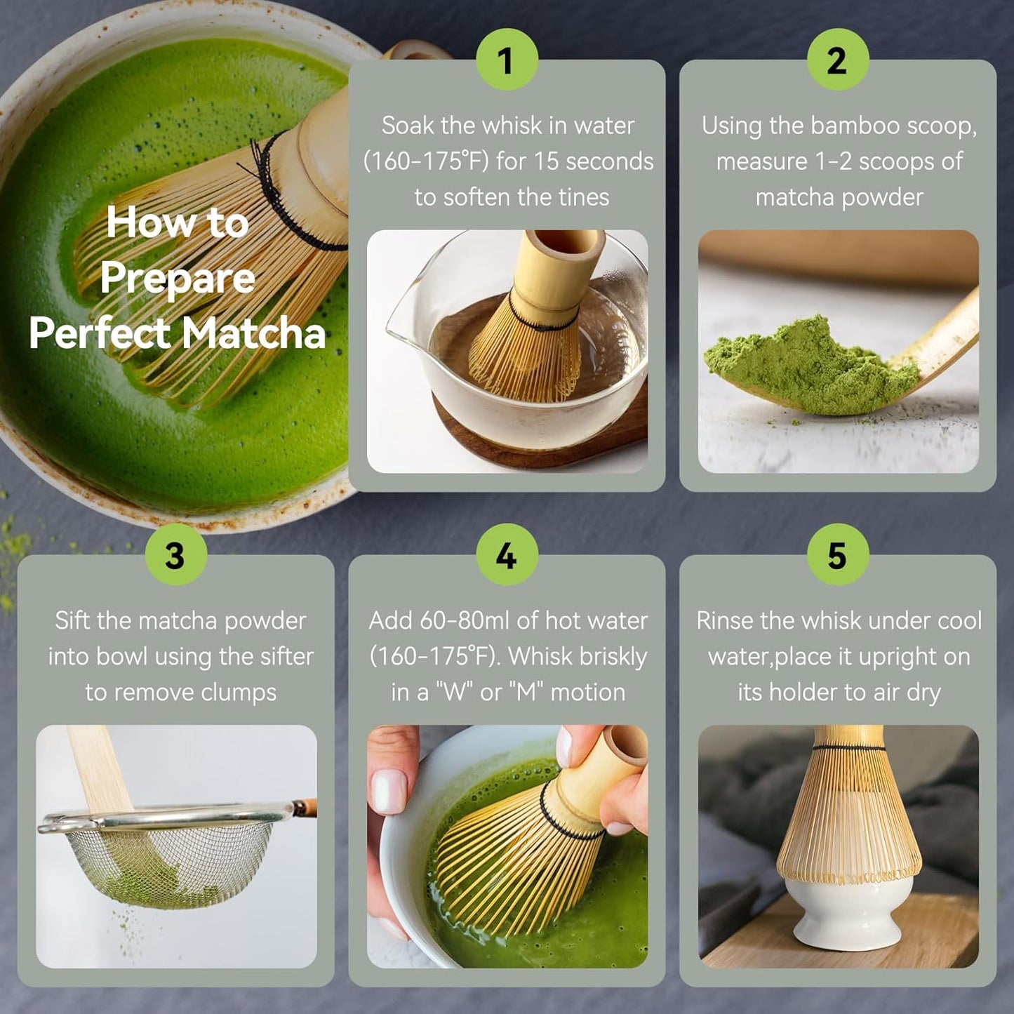 SHONMISEN Bamboo Matcha Whisk Set -Matcha Whisk (Chasen),Whisk Holder(White),Sifter,Tea Scoop and Tea Spoon