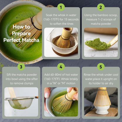 SHONMISEN Bamboo Matcha Whisk Set -Matcha Whisk (Chasen),Whisk Holder(White),Sifter,Tea Scoop and Tea Spoon