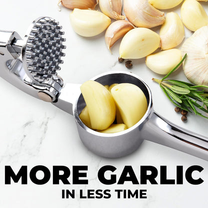 Zulay Kitchen Premium Garlic Press Set - Rust Proof Professional Garlic Mincer Tool - Easy-Squeeze, Easy-Clean with Soft, Ergonomic Handle - Silicone Garlic Peeler & Brush (Silver)