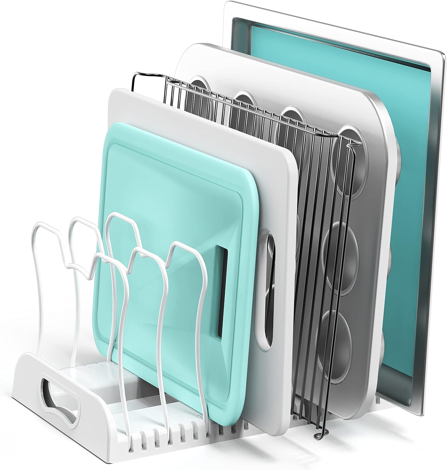 Simple Houseware Expandable Pan Organizer Rack, 10 Adjustable Compartments, White - Kitchen Cabinet Organizer for Pots, Pans, Lids & Bakeware - Pantry & Countertop Storage