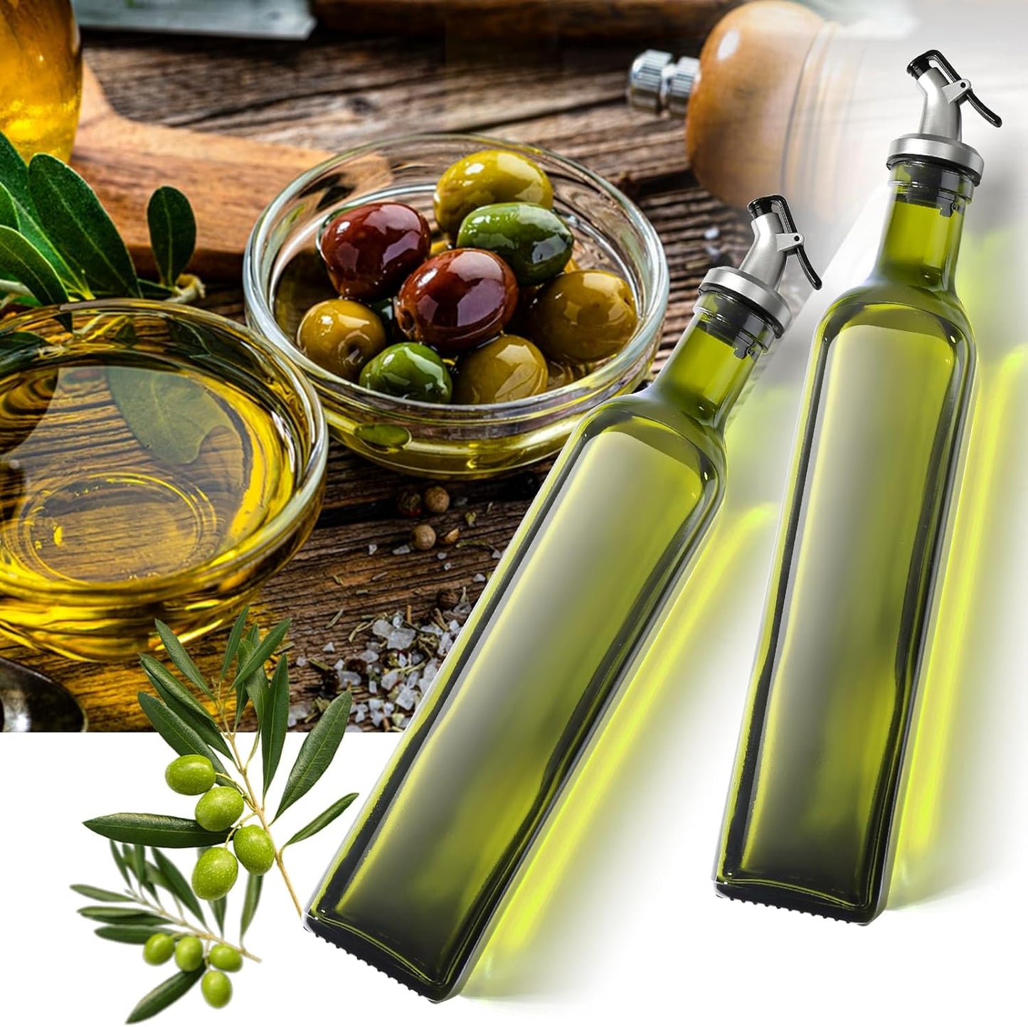 gmisun Olive Oil Dispenser for Kitchen, 4 Pack 17 fl oz Glass Oil Dispensers Bottle, Cooking Soy Sauce Bottle Container Cruet with Plastic Pourer Spout, Funnel and Labels, Clear