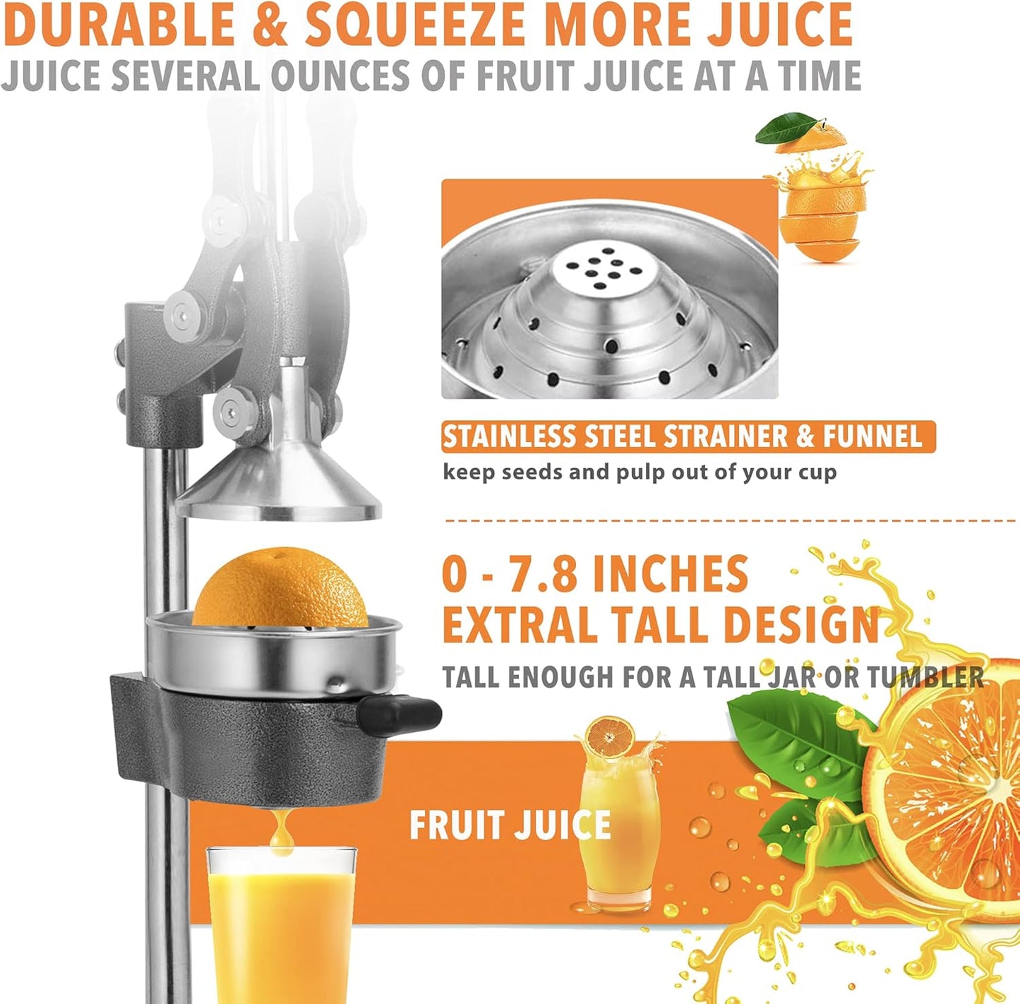 Commercial Heavy Duty Cast Iron Hand Press Manual Orange Citrus Lemon Lime Grapefruit Pomegranate Fruit Juice Squeezer Machine with Stainless Steel Cup