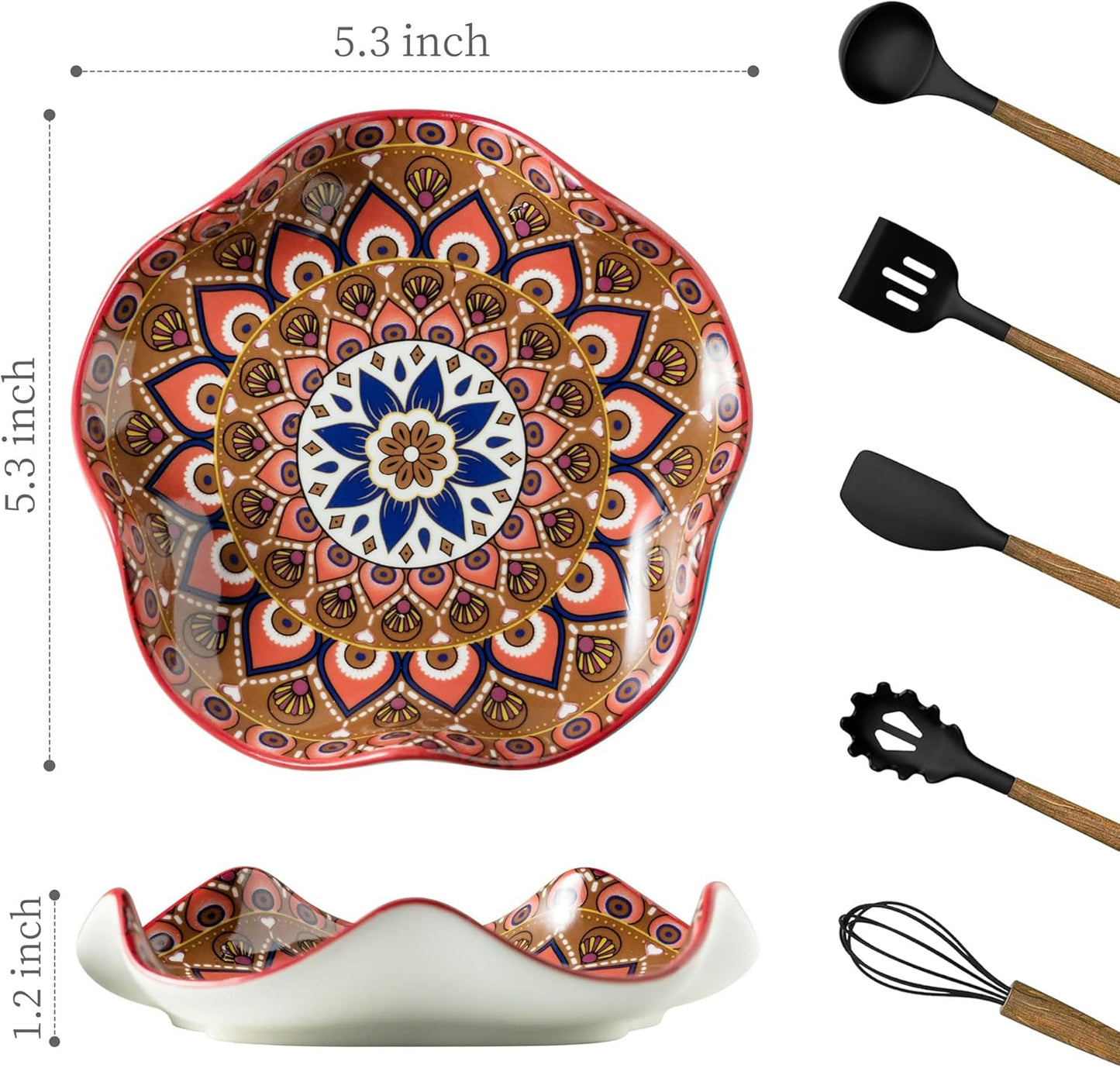 Miamolo Spoon Rest for Stove Top, Spoon Holder for Stove, 5.3In Ceramic Spoon Rest for Kitchen Counter, Coffee Spoon Holder with Ruffled Edge, Farmhouse Spatula Holder for Kitchen Decor, Beige