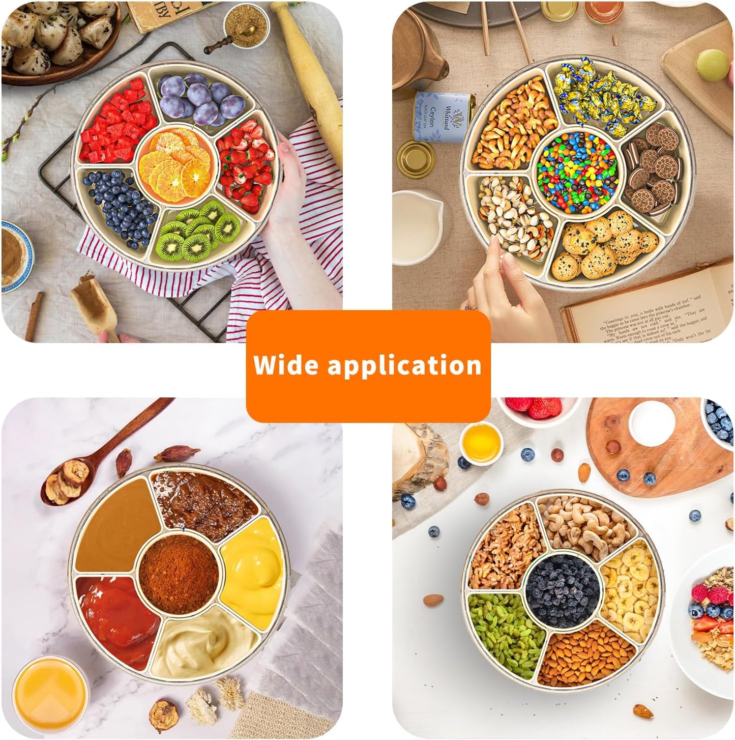 Divided Serving Tray with Lid and Handle, Stackable Snackle Box Container for Fruits Candy Organizer, Portable Spinning Rounded Veggie Tray for Kitchen, Party, Trave and Picnic-1 PACK
