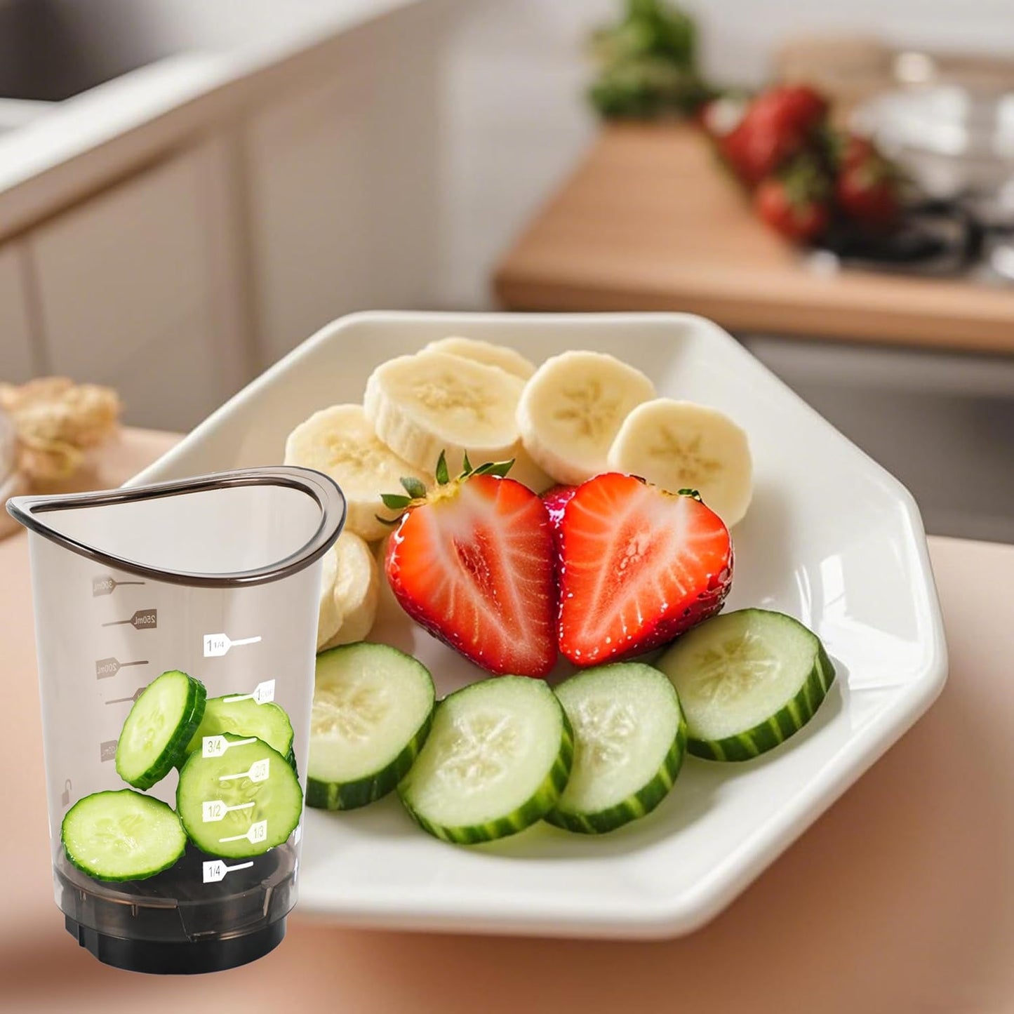Fruits Slicer Cup,Fruit Slicing Cup with Removable Blade-Strawberry, Banana, Cucumber, Egg, Onion Slices with Push Plate,Rapid & Safe Slicing Kitchen Gadgets