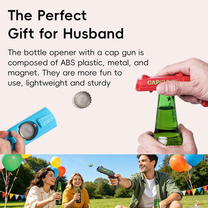 Bottle Opener with Cap Launcher – Funny Shooting Gun for Parties, BBQ, Tailgates – Unique Beer Cap Shooter Gadget for Men – Cool Gifts for Dad, Husband, Him on Birthday, Father's Day(Red+Blue)
