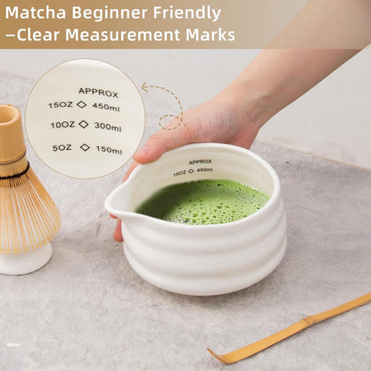5pcs Premium Matcha Set,Ceramic Bowl with Spout and Bamboo Whisk set, Ceremonical Matcha Kit for breakfast/latte,Tea Starter Making Kit,Unique Matcha Gift set (pink love)