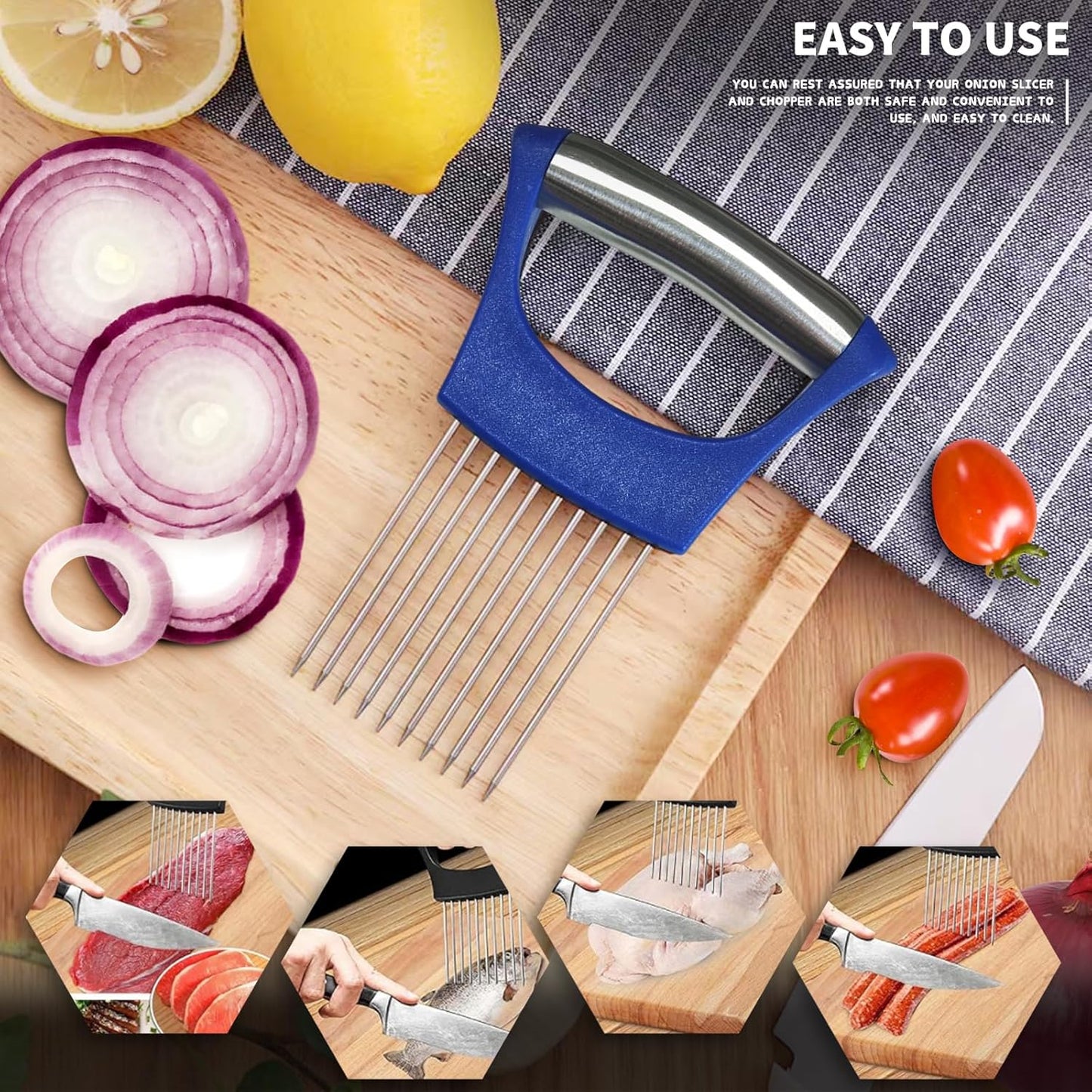 2PCs Stainless Steel Onion Slicer Holder, Onion Cutter Holder for Slicing of Onions,Tomatoes,Avocados,Eggs and Other Vegetables,KItchen Utensils (Orange & Black)