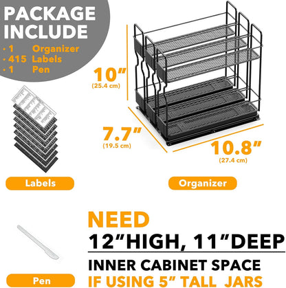SpaceAid Pull Out Spice Rack Organizer for Cabinet, Heavy Duty Slide Out Seasoning Kitchen Organizer, Cabinet Organizer, with Labels, 5.2" W x10.75 D x10 H, 2 Drawers 2-Tier