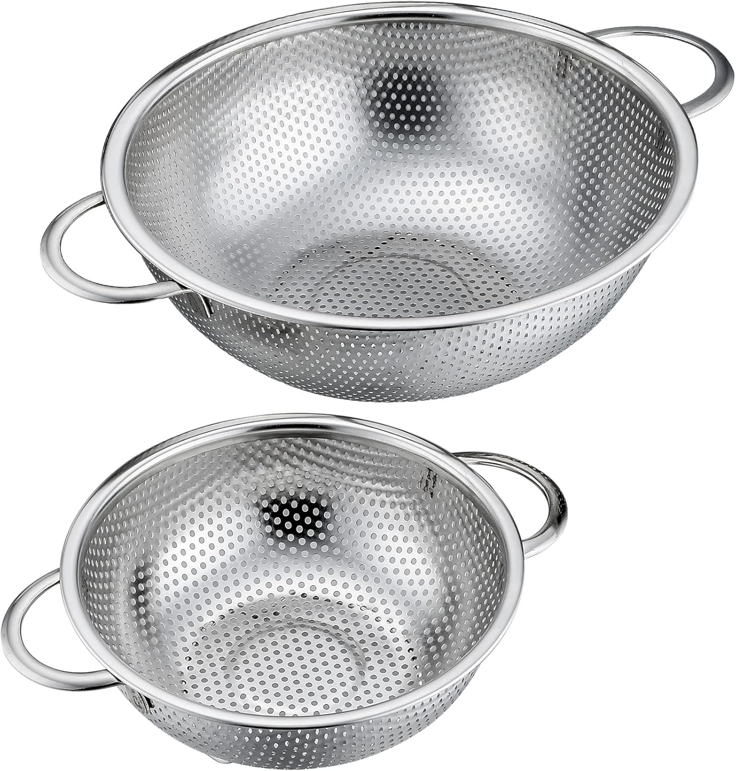 P&P CHEF Stainless Steel Colander, Micro-Perforated Food Strainer with Handle for Washing Draining, Great for Pasta Fruits Vegetables, Dishwasher Safe & Healthy, 1 +3 Qt, 2Pcs