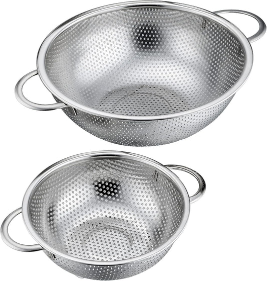 P&P CHEF Stainless Steel Colander, Micro-Perforated Food Strainer with Handle for Washing Draining, Great for Pasta Fruits Vegetables, Dishwasher Safe & Healthy, 1 +3 Qt, 2Pcs