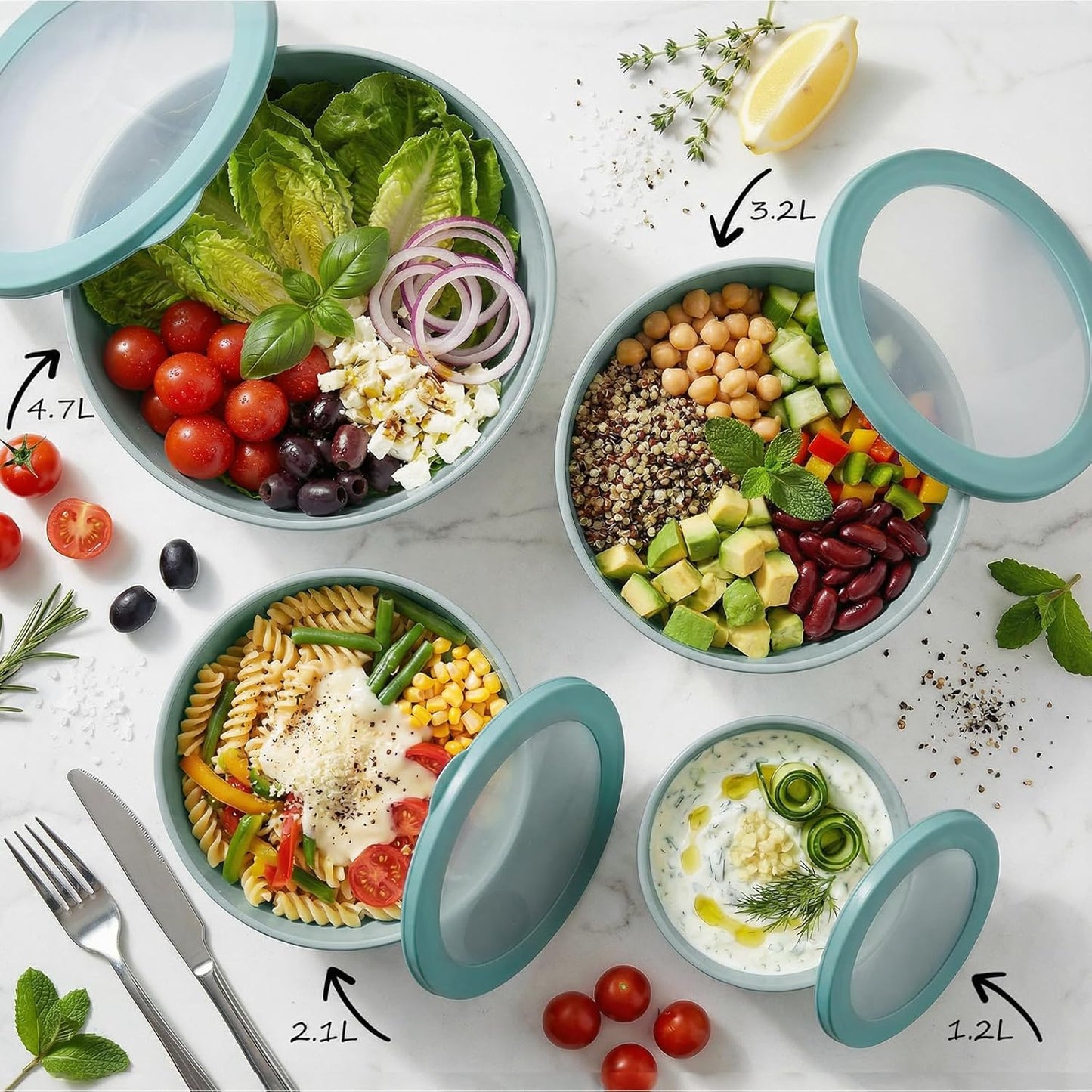 BoxedHome Mixing Bowls with Lids - 8 Piece Plastic Nesting Bowls Set includes 4 Prep Bowls and 4 Lids, Microwave and Dishwasher Safe, Green