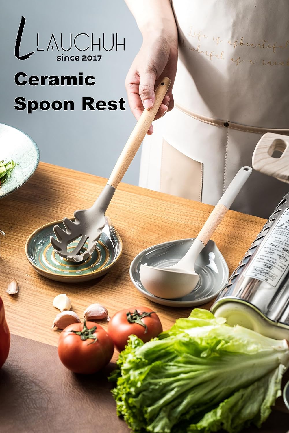 LAUCHUH Spoon Rest, Large Ceramic Spoon Holder for Kitchen Counter Spatula Rest Heat-Resistant Spoon Rest for Stove Top Cooking Utensil Holder, Farmhouse Kitchen Décor for Father's Day, Cream, 5 Inch