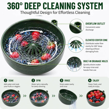 Self Spinning Berry Washing Bowl, Fruit & Vegetable Washer with Drain, 360° Vortex Cleaning, Rapid Wash Multipurpose Kitchen Colander, Multipurpose Kitchen Strainer Bowl (1)