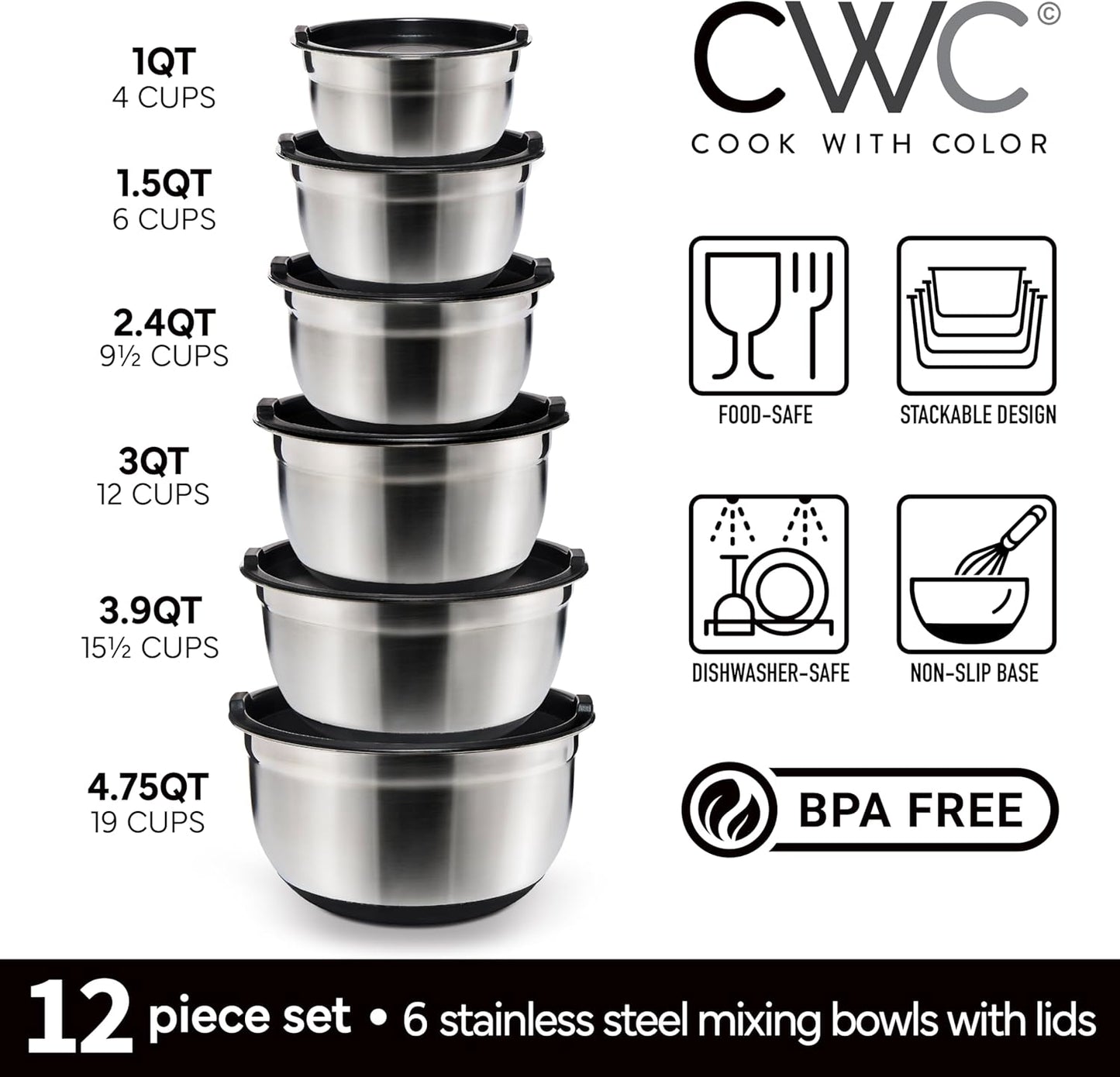 COOK WITH COLOR Stainless Steel Mixing Bowls Set with Lids - Nesting Bowls with Non-Slip Bottom, Silver, 14 Pieces