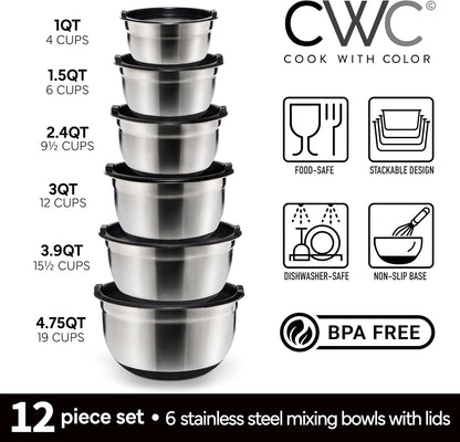 COOK WITH COLOR Stainless Steel Mixing Bowls Set with Lids - Nesting Bowls with Non-Slip Bottom, Silver, 14 Pieces