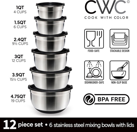 COOK WITH COLOR Stainless Steel Mixing Bowls Set with Lids - Nesting Bowls with Non-Slip Bottom, Silver, 14 Pieces