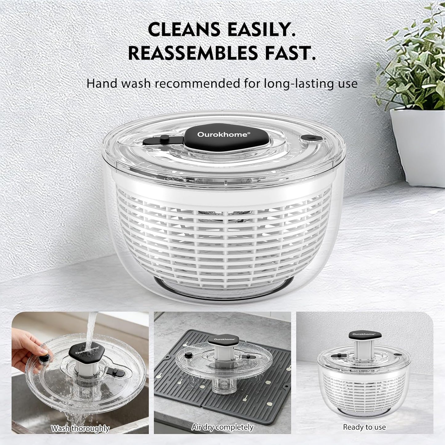 Ourokhome 6.3 QT Salad Spinner with Fully Removable Lid, Large Lettuce Dryer with One-Hand Press Pump, Instant Stop Brake Button and Retractable Handle, Vegetable Washer & Spinner for Greens and Herbs