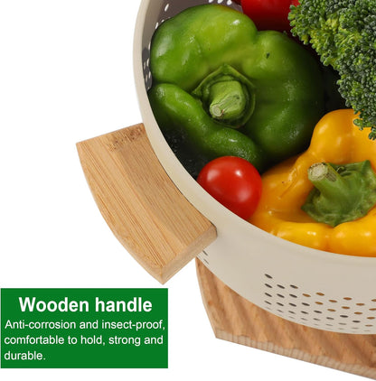 Metal Colander with Wood Handle and Stable Base, 5.5 Quart Powder Coated Steel Kitchen Strainer Basket for Draining Pasta, Vegetable and fruit,Cream