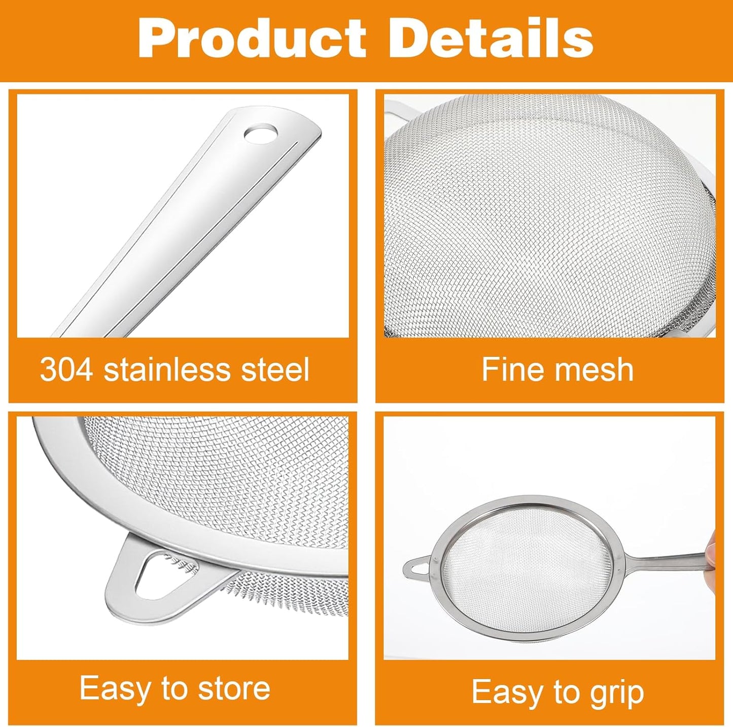 2 Pack Sieve Fine Mesh Stainless Steel, Mesh Strainer with Handle, Fine Meshes Strainers for Cooking Tea Food Strainer, 2 Sizes