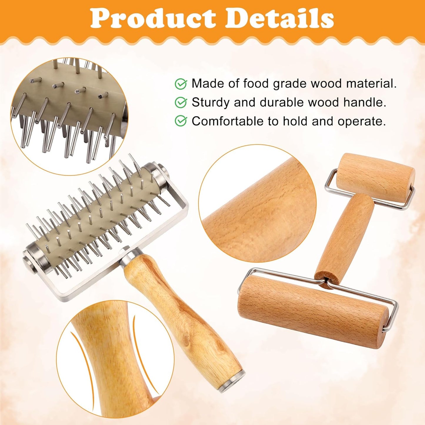 2Pcs Pizza Dough Roller & Dough Docker, Wood Rolling Pin Stainless Steel Dough Hole Puncher for Pizza, Pie, Pastry, Bread, Pasta, Cookie, Crust, burlywood, JKUS20407