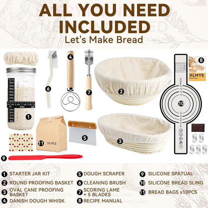Sourdough Starter Kit - Banneton Proofing Basket 9 Inch Round & 10 Oval, Complete Sourdough Bread Baking Supplies with Starter Jar, Bread Sling, Lame, Danish Dough Whisk, Bags