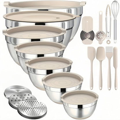 Mixing Bowls with Lids Set,7PCS Stainless Steel Bowls with 3 Grater Attachments and Measuring Spoons,Ideal for Kitchen Cooking & Serving,Non-slip Bottoms Size 6, 4, 3, 2.1,1.5,1,0.63QT (Beige)