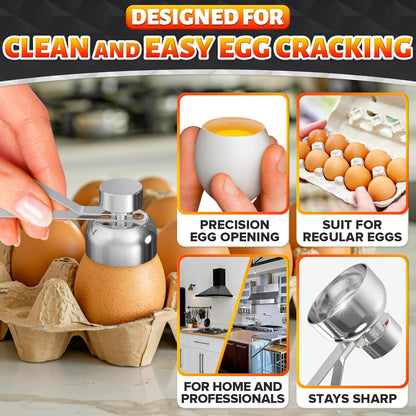 Egg Cracker Tool for Raw Eggs — Egg Shell Opener for Soft-Boiled Shell Tops, Stainless Steel Topper with Ergonomic Adjustable Effort — Clean Cut Design for Breakfast Prep, Custards, & Baking (Silver)