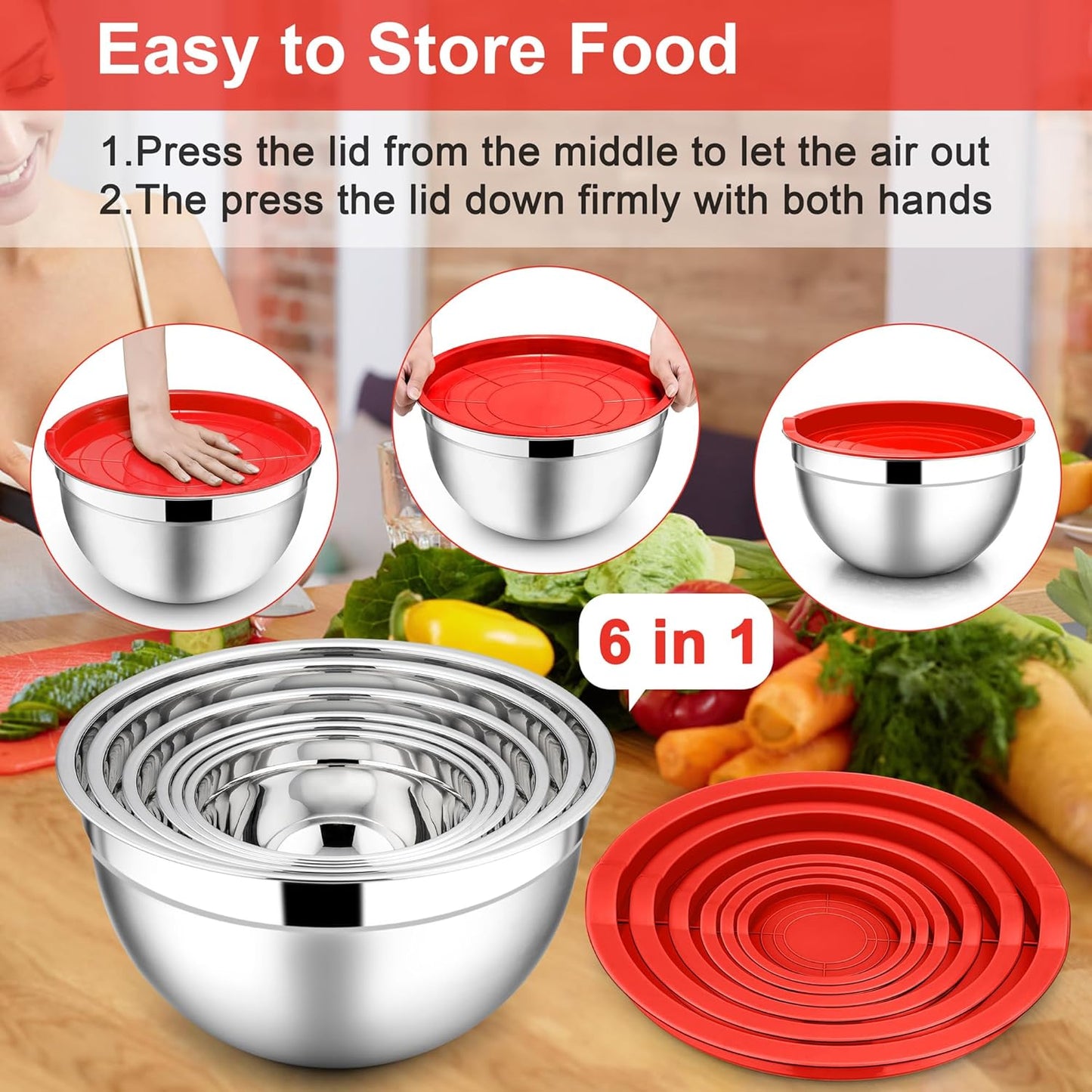E-far Mixing Bowls with Lids, 6-Piece Stainless Steel Salad Bowls Metal Nesting Bowls for Baking Cooking and Prepping, Airtight Lids & Stackable Design, Size 4.5, 3, 1.5 QT (Black)