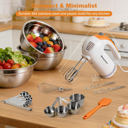 300W 5-Speed Electric Hand Mixer with 3 Thickened Nesting Mixing Bowls, Measuring Cups and Spoons, Complete Kitchen Cake Mixer with Paddle, Dough Hook and Whisk for Baking