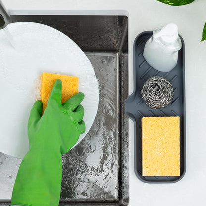 Zulay Kitchen (9x3.5in Sponge Holder for Kitchen Sink - Flexible Heavy-duty Multipurpose Sink Caddy - Counter Organizer for Kitchen, Bathroom, Makeup, Trinkets & More! (Grey)