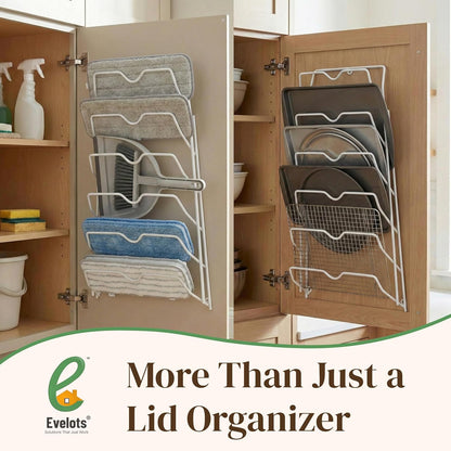 Evelots 6 Pot Lid Organizer for Cabinet Door or Pantry Wall - Closet Door Pots and Pans Lids Holder - Glass or Metal Pan Covers Cabinet Organizer Kitchen Storage - White 6 Tier Lid Rack