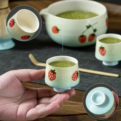 Matcha Whisk Set, Cute Strawberry Matcha Bowl Set with 2 Cups, Bamboo Whisk, Scoop & Holder, Matcha Kit Gift for Tea Lovers and Tea Ceremony, Birthday, Anniversary