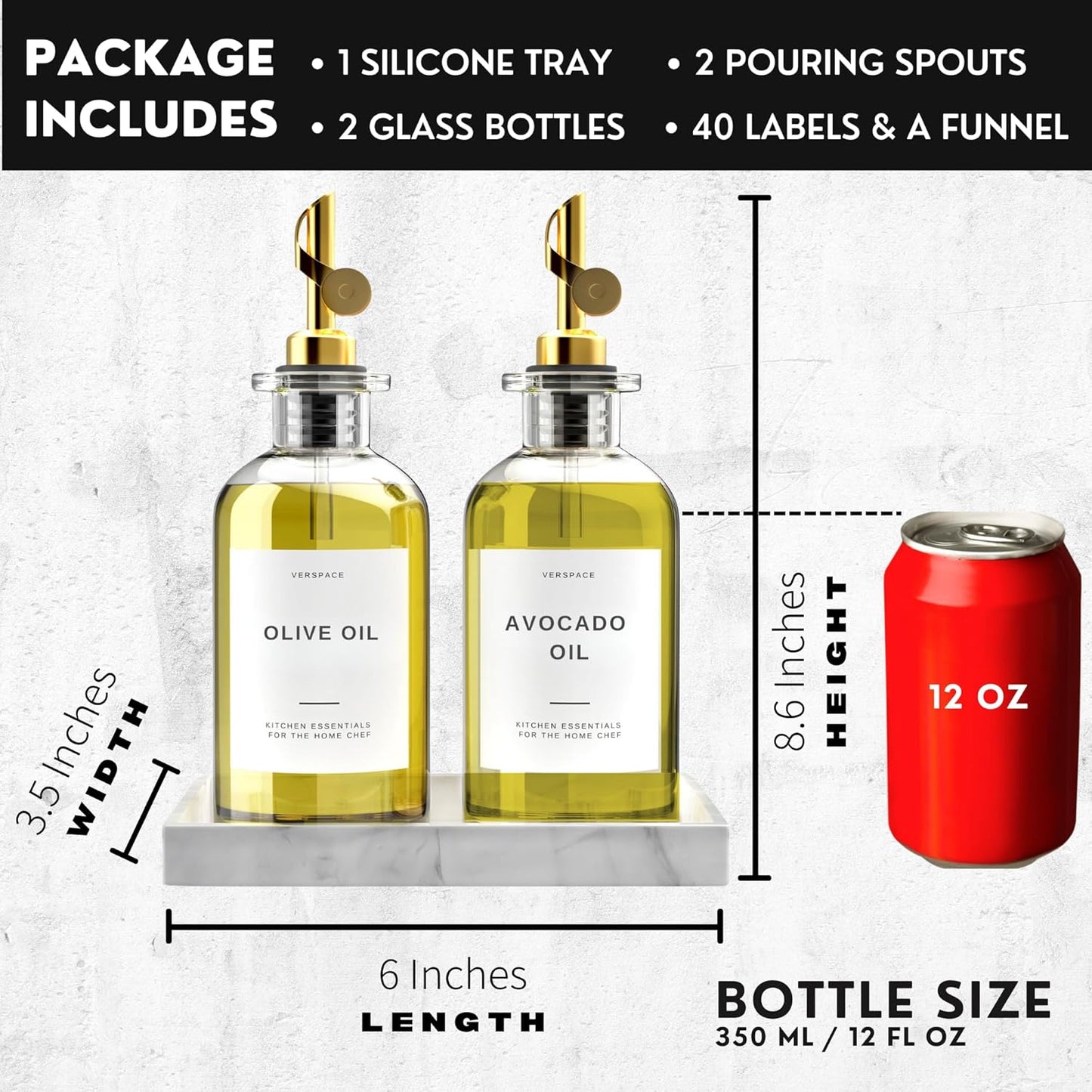 Verspace UV-Protected Green Glass Olive Oil Dispenser Bottles For Kitchen - 2 Pack - 12oz Includes 40 Kitchen Essential Labels, Avocado Oil Dispenser Set, Modern Decor for Home, Airbnb, Cafe