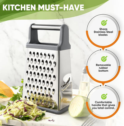 Spring Chef Professional Cheese Grater - Stainless Steel, XL Size, 4 Sides - Perfect Box Grater for Parmesan Cheese, Vegetables, Ginger - Dishwasher Safe - Black