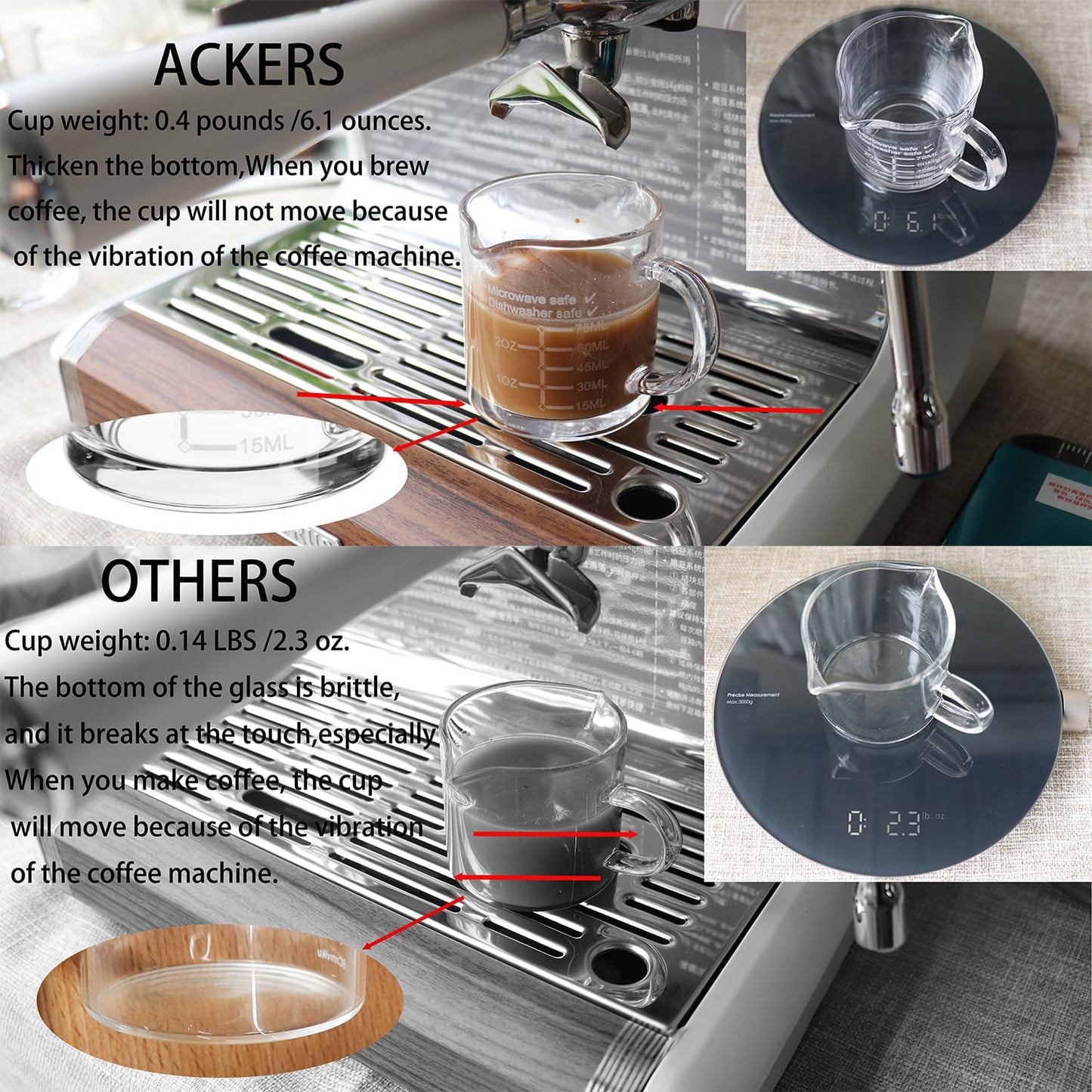 Ackers Etched Scale Espresso cup with Handle, Thickened Bottom and Wall, Double V-Shaped Spout,2.5OZ Milk Frothing Pitcher,75ML Milk Cup with Handle, Espresso Accessory(Pack of 2)