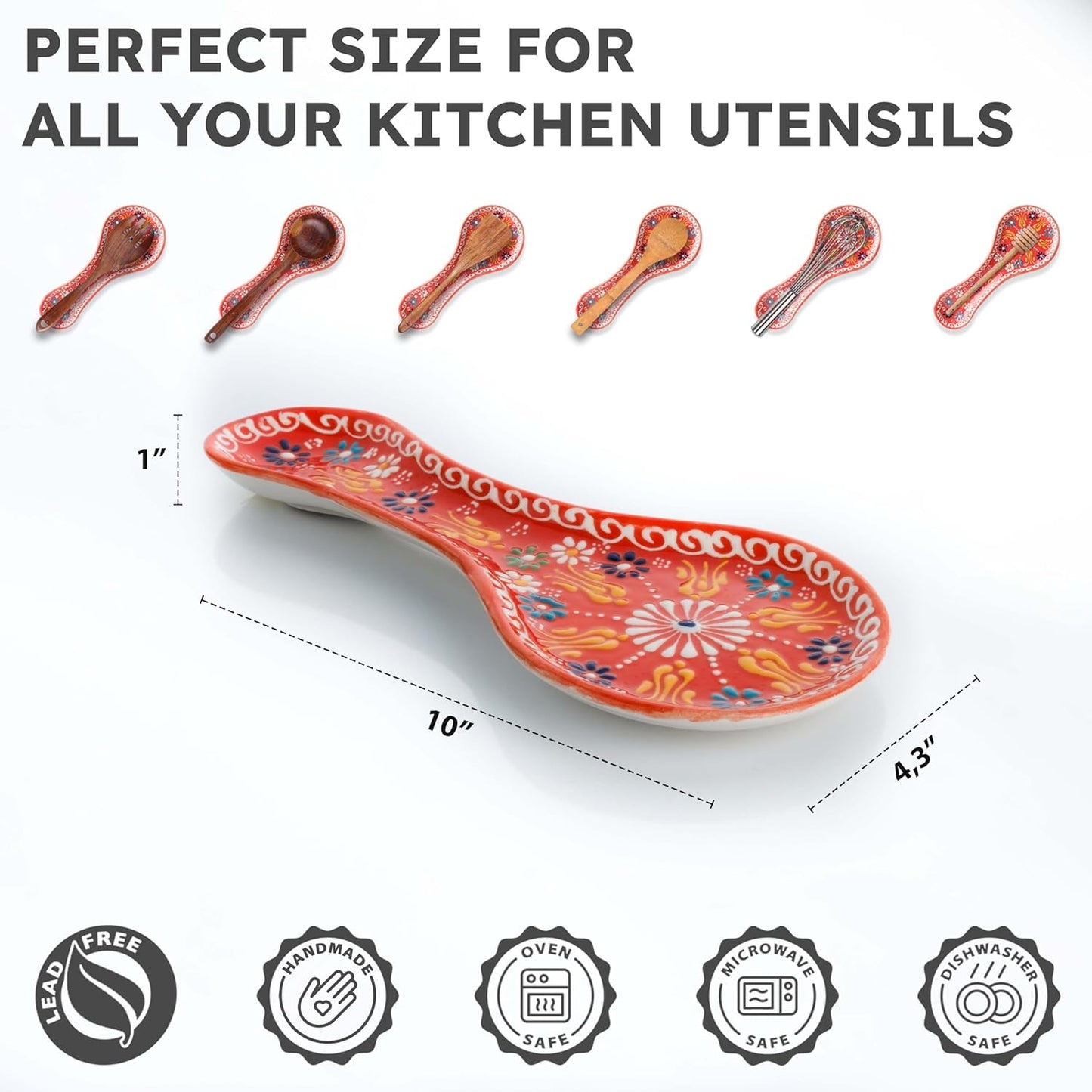 Handmade Spoon Rest, Ceramic Spoon Rest for Stove Top, 10" Spoon Rest for Kitchen Counter, Dishwasher Safe Spoon Holder for Stove, Housewarming Gifts Utensil Rest, Colorful Spoon Rests (Black)