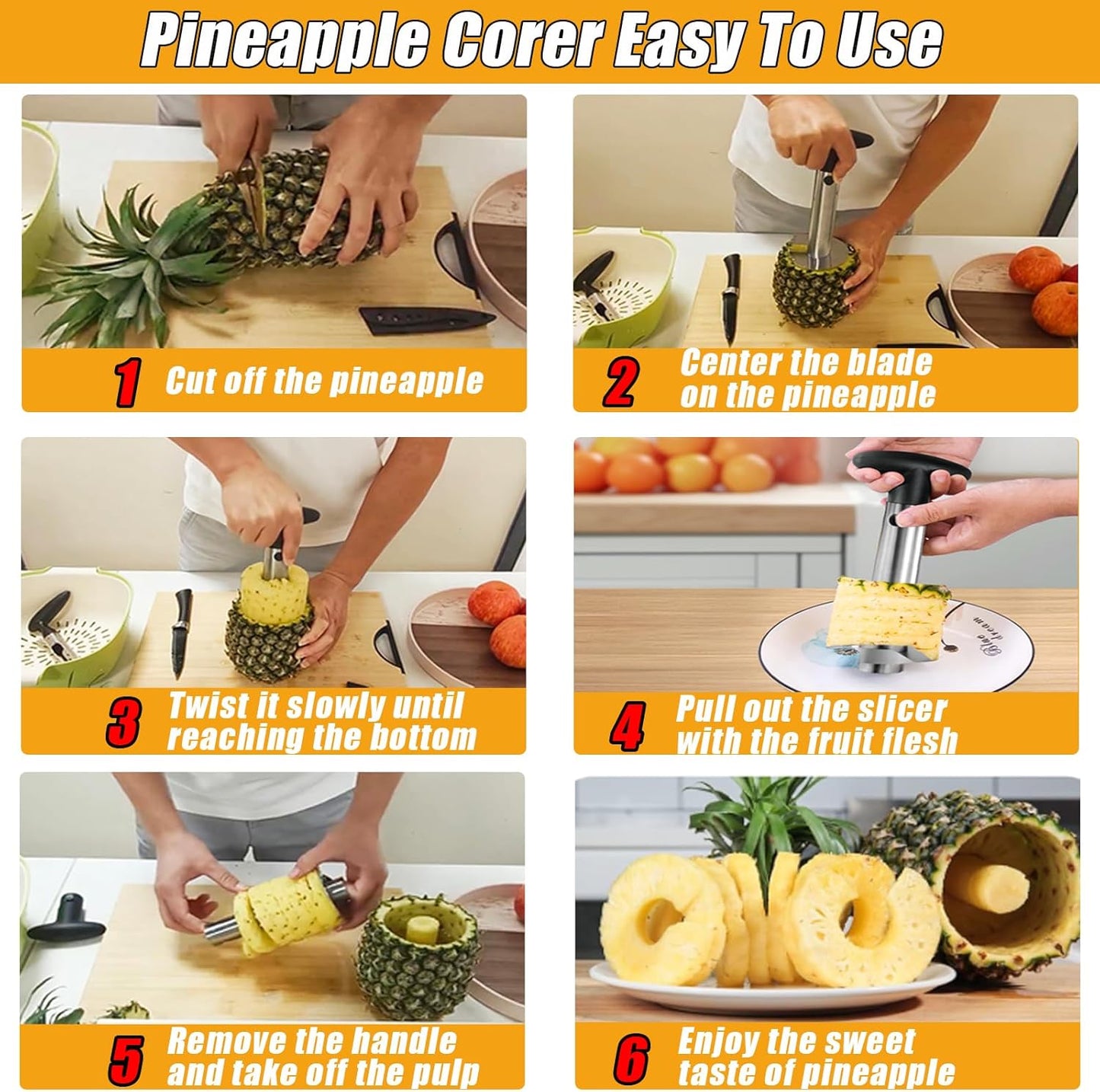 Pineapple Corer and Slicer, Stainless Steel Pineapple Cutter and Corer, Upgraded Pineapple Peeler and Apple Corer Tool with Pineapple Core Remover for Corer Tool Kitchen (Black)
