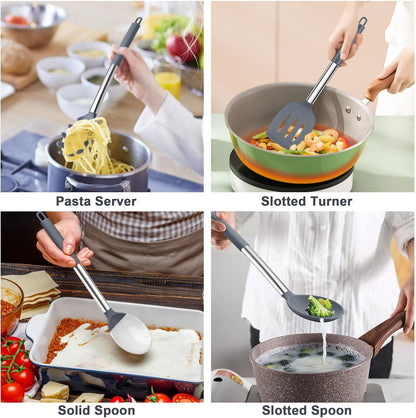 TeamFar Cooking Utensils Set, 5 PCS Silicone Kitchen Utensils with Stainless Steel Handle, for Nonstick Cookware Flipping Frying Turning Draining, Heatproof & Healthy, Nonstick & Easy Clean, Black