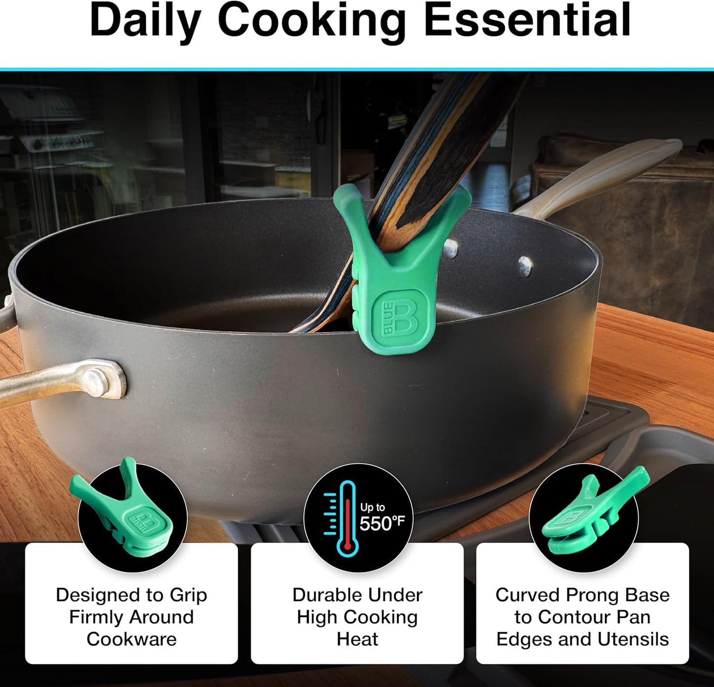 Nottaslip Utensil Prong Pot Spoon Holder - Premium Silicone Spoon Rest - Heat-Resistant to 550°F, BPA-Free, Dishwasher Safe Utensil Pot Clip, Fits Most Pots & Pans - Non-Slip Silicone - 2PK, Black