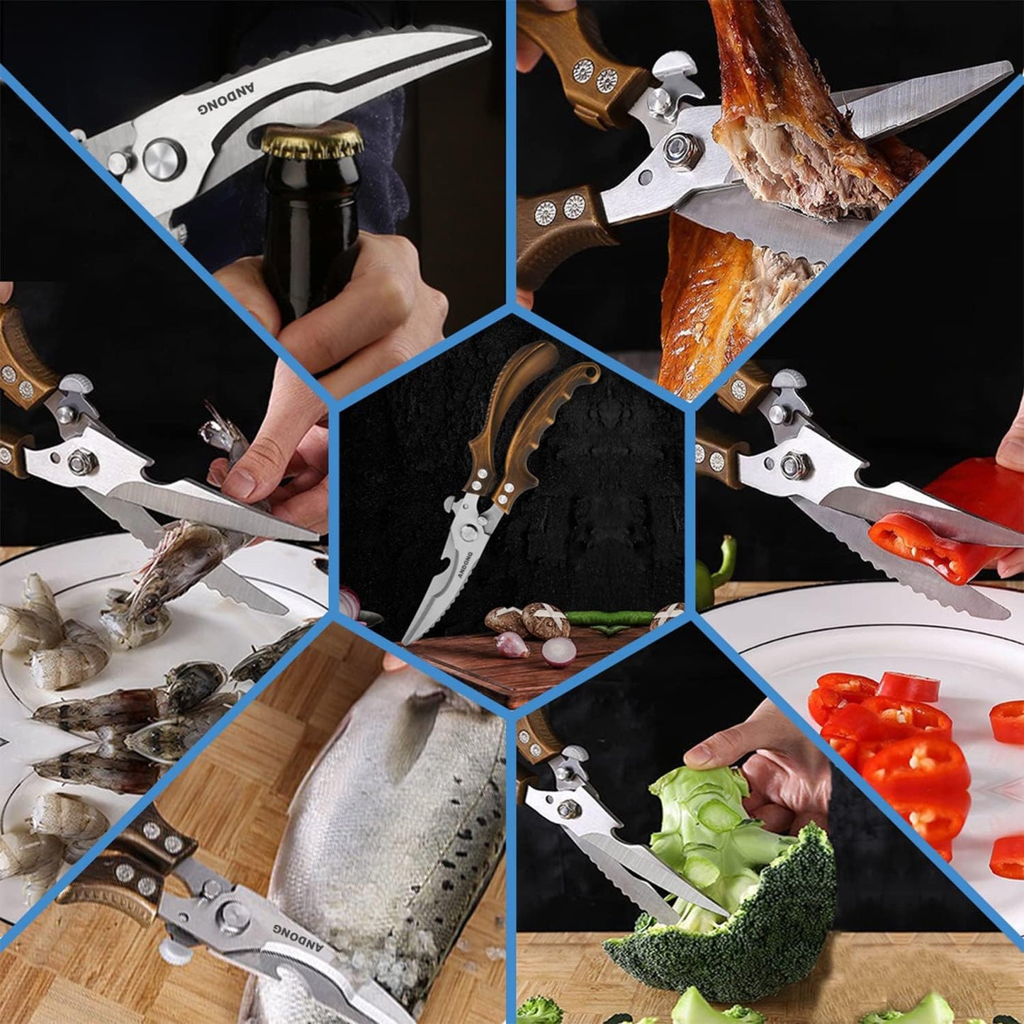 ANDONG Upgrade Heavy Duty Stainless Steel Kitchen Scissors - Professional Poultry Shears for Bone, Meat, Chicken, Fish, Turkey, Vegetables,Spring Loaded Multipurpose Ultra Sharp Utility Scissors