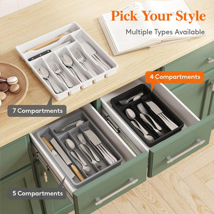 Lifewit Silverware Drawer Organizer Tray, Plastic Cutlery Storage for Kitchen, Flatware and Utensil Holder Divider for Spoons Forks Knives Tableware, 9.1 x 12.6", 5 Slots, Black