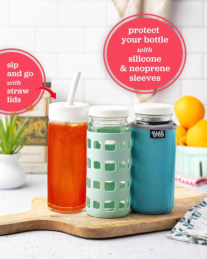 All About Juicing Clear Glass Water Bottles Set - 6 Pack Wide Mouth with Lids for Juice, Smoothies, Beverage Storage - 16 oz, Durable, Reusable, Dishwasher Safe, Leak Proof (Black Caps)