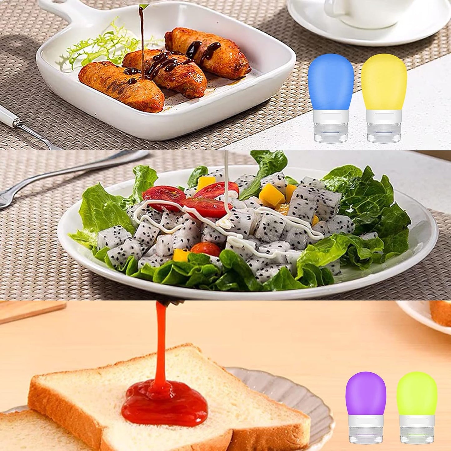 4-Pack Squeeze Salad Dressing Bottles, Leak Proof Food Storage Sauce Bottles Sauce Bottles, Portable Small Salad Dressing Containers,Food-grade Silicone- 4 Colors(1.3oz and 2 oz)
