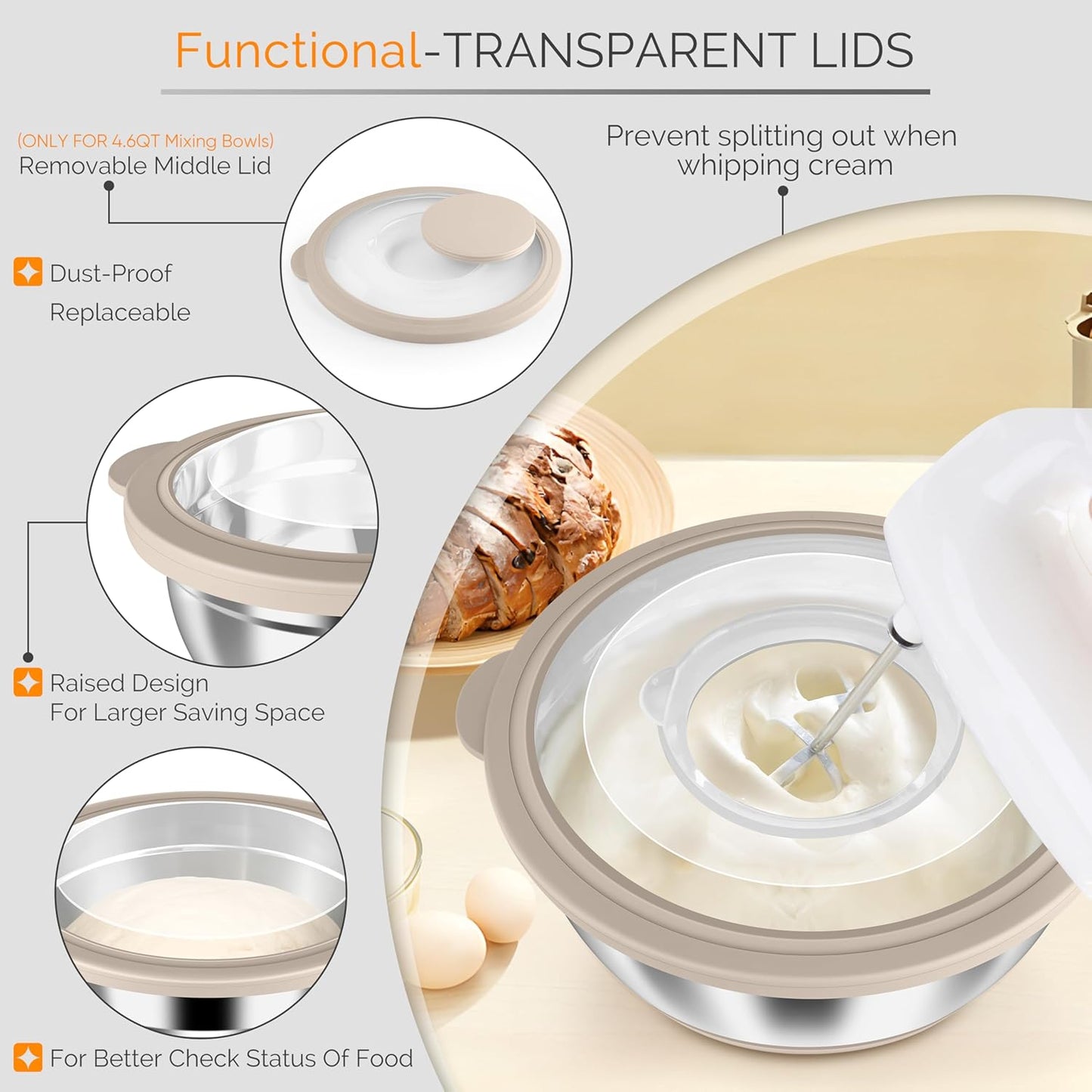 HaWare Mixing Bowls, 24-Piece Stainless Steel Salad Serving Bowl with Airtight Clear Lids, Metal Nesting Bowl For Kitchen Cooking Prepping Storing with 3 Graters, 4.6/2.6/1.5/1/0.7 QT, Khaki