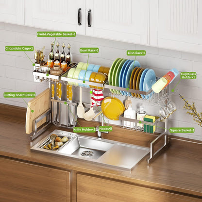 PUSDON Over the Sink Dish Drying Rack, 2 Tier Adjustable Large Capacity Stainless Steel Dish Rack for Kitchen Counter, Heavy Duty Space Saver Organizer with Utensil Holder, Black