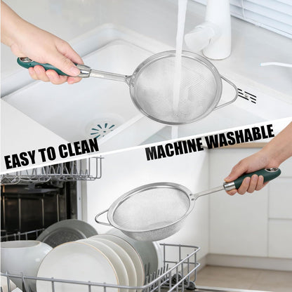 Stainless Steel Fine Mesh Strainer Set (3 Sizes 12/14/18cm, 40 Mesh) – 304 Food Grade, For Pasta, Rice, Flour & Tea – Reinforced Handle, Hook Rest, Heat-Safe Grip, Dishwasher Safe