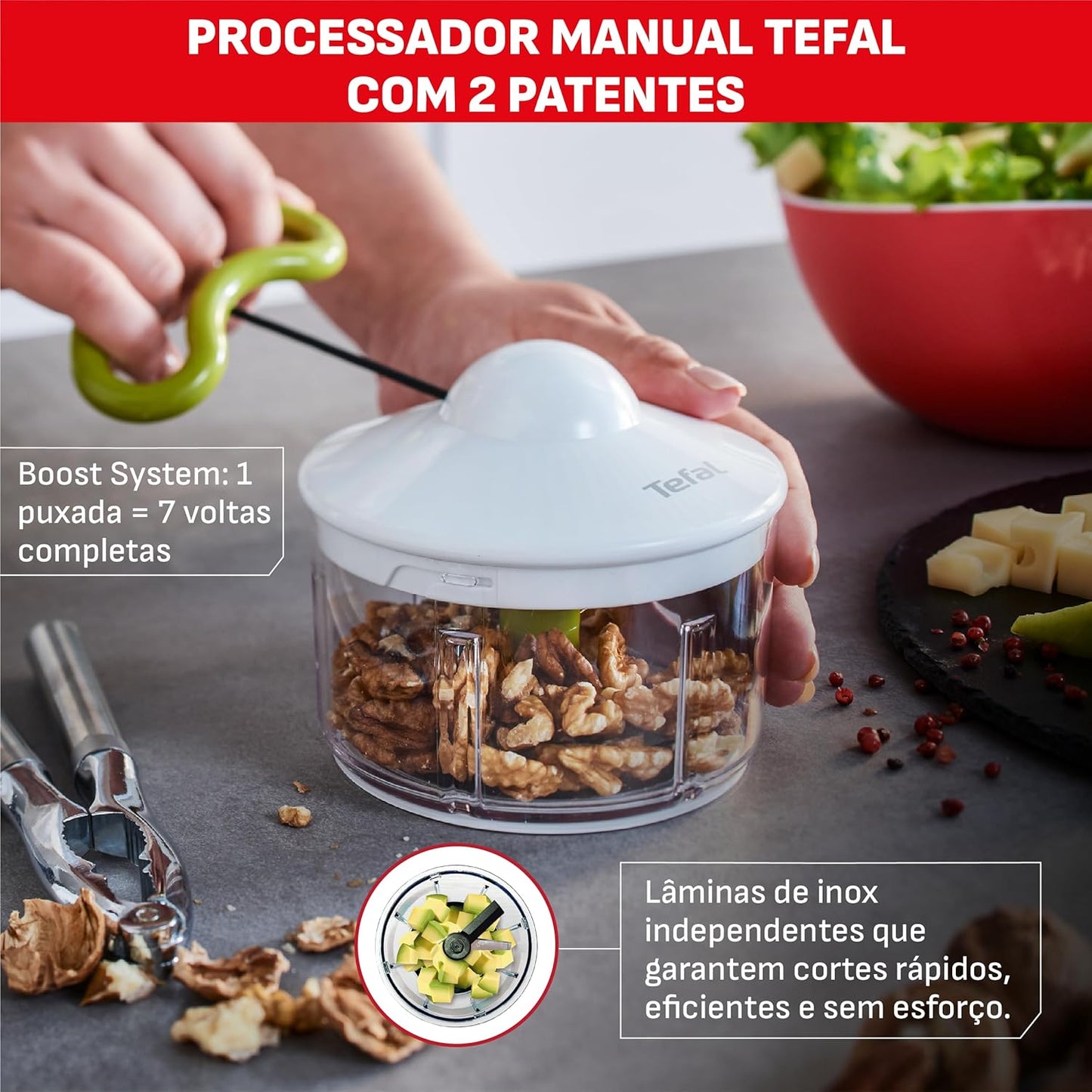 Tefal K13704 Manual Chopper Neo, 16.9 fl oz (500 ml), Washable Lid, Unique Double Twisted Blade