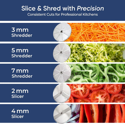 Tartle Kitchen 550W Electric Vegetable Chopper - Commercial Food Processor with Continuous Feed, Dual Feed Openings, 5 Discs for Slicing, Shredding, & Grating - Restaurant-Grade, NSF & ETL Certified