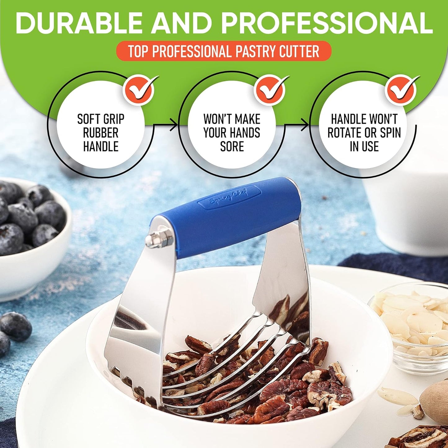 Spring Chef Dough Blender, Top Professional Pastry Cutter with Heavy Duty Stainless Steel Blades, Medium Size, Black